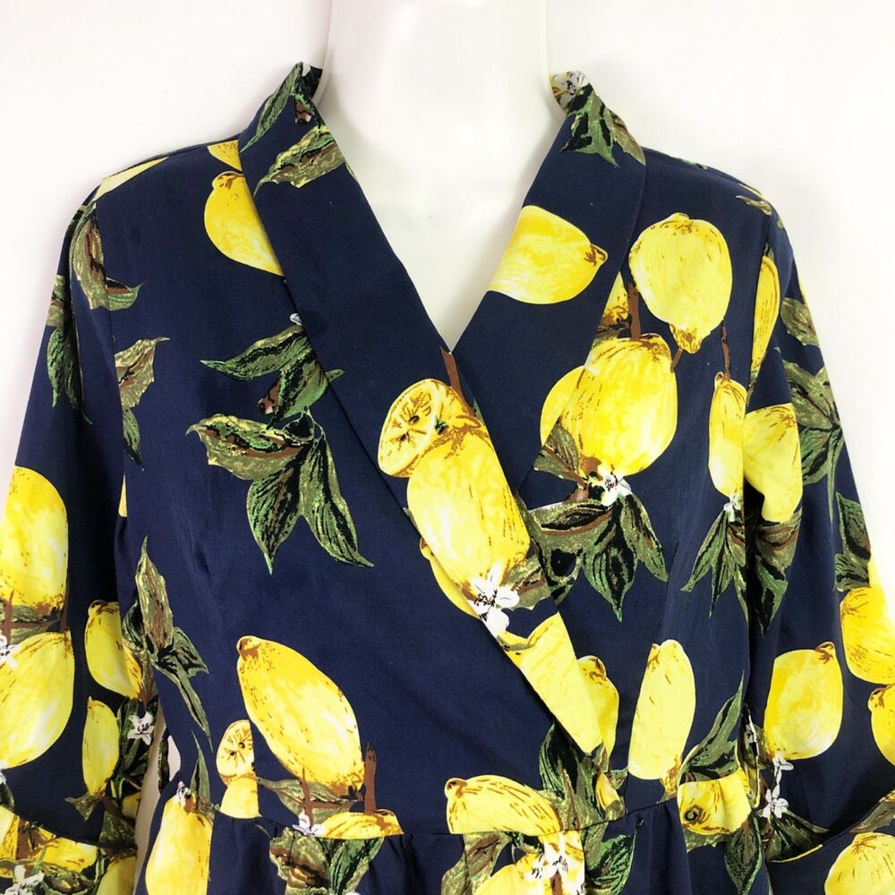 NWOT SUCREFAS Lemon Floral Navy Dress (M) Blue Retro Swing Fit & Flare - Picture 4 of 13
